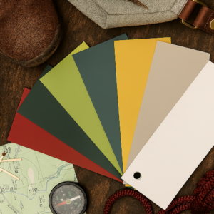 National Park Collection – fächerförmig angeordnete Farbmusterkarten in Rostrot, Dunkelgrün, Gelbgrün, Blaugrau, Gelb, Beige und Cremeweiß, umgeben von Wanderstiefeln, Landkarte und Kompass.