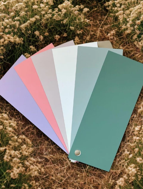 Cottage Collection – fächerförmig angeordnete Farbmusterkarten in Flieder, Korallrosa, Graubeige, hellem Mint, Graugrün und Petrolgrün zwischen kleinen cremefarbenen Blüten.