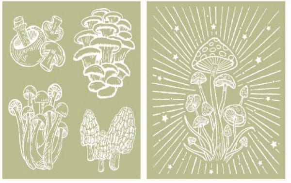 Belles and Whistles Silkscreen Schablone - leicht klebend - wiederverwendbar - Cottagecore Mushrooms 20,32 x 22,86 cm