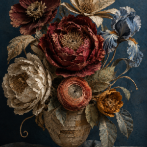 Blumenstillleben in Papiercollage-Optik mit roten, cremefarbenen, orangefarbenen und blauen Blüten in einer Vase vor tiefblauem Hintergrund.