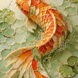 Orange-cremefarbener Koi mit langen, geschwungenen Flossen zwischen grünen Seerosenblättern in Mosaikoptik mit goldfarbenen Konturen.