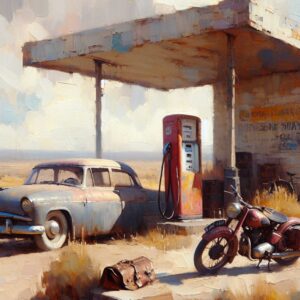 Gemalte Szene einer alten Tankstelle mit Oldtimer, roter Zapfsäule, Motorrad, Fahrrad und Reisetasche in einer trockenen Landschaft.