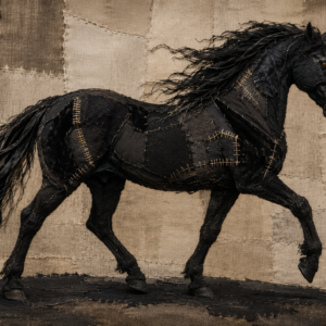 Schwarzes Pferd mit wehender Mähne und angehobenem Vorderbein in Stoffpatchwork-Optik mit hellen Nähten vor beigebraunem Hintergrund.